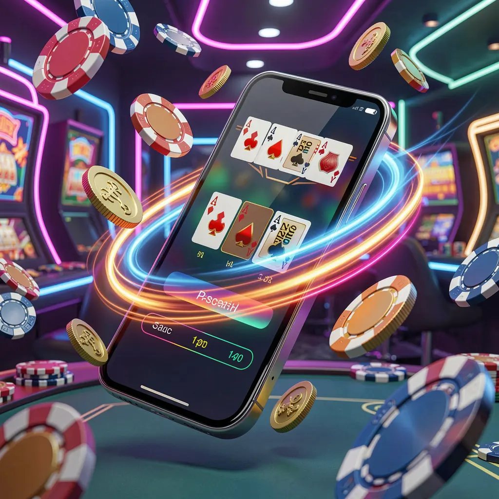 Smartphone displaying the 644VLP fast casino app with dynamic speed light trails, coins and chips flying around against a modern neon casino background in a vibrant 3D render