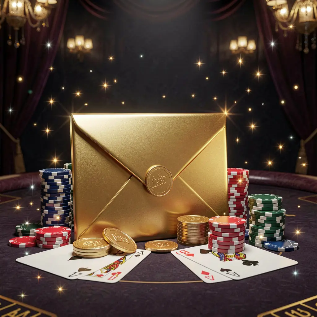 Exclusive casino promotion scene featuring a golden envelope, chips, coins, and playing cards with sparkling lights on a luxury dark background, showcasing 644VLP brand in a cinematic 3D render