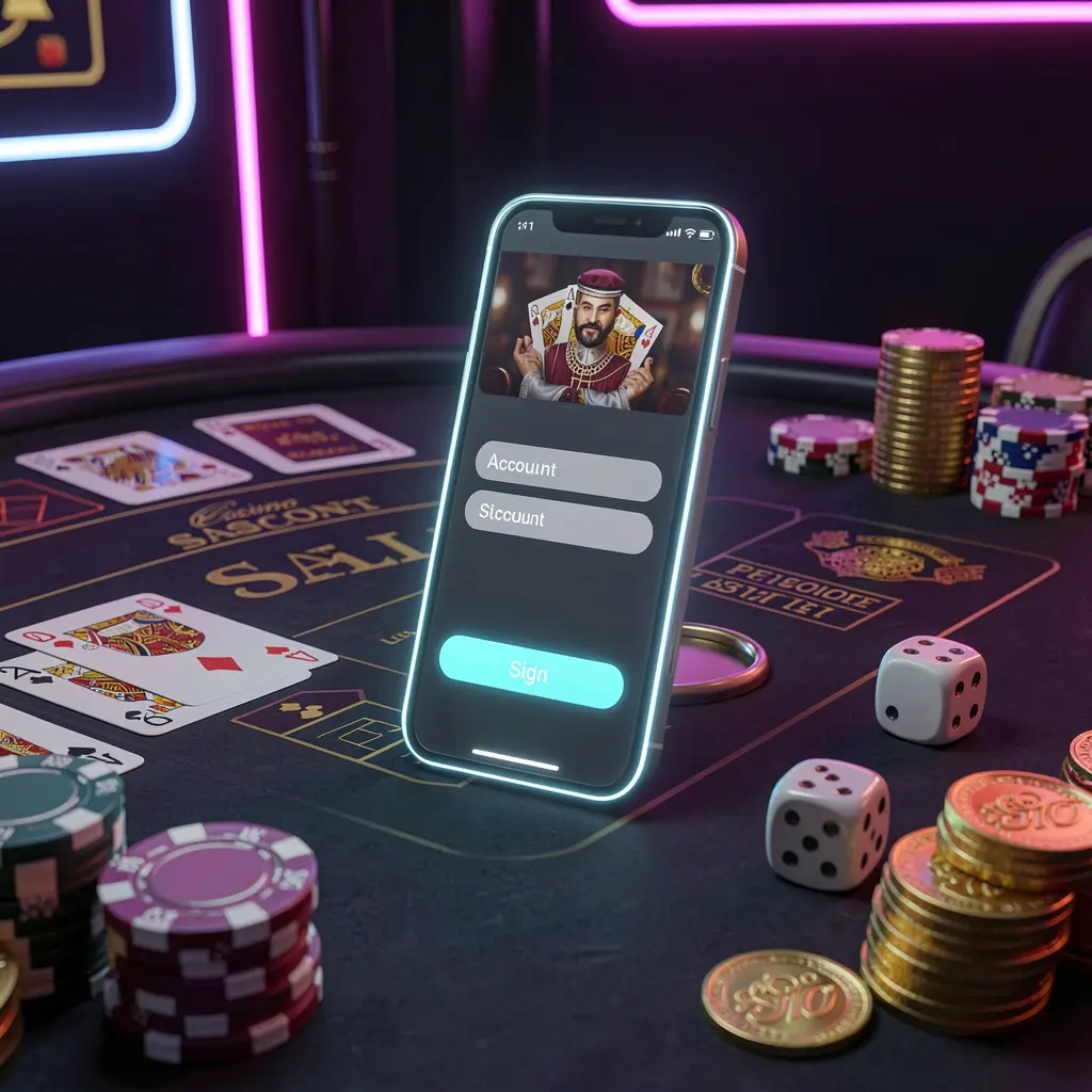 Glowing smartphone displaying 644VLP casino account sign in on a casino table surrounded by cards, chips, dice, and gold coins with elegant dark background and neon highlights