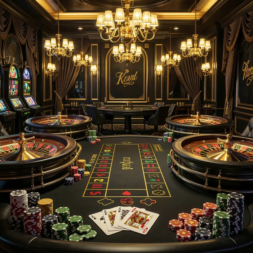 Luxury online casino lobby with glowing roulette tables, poker chips, and cards in a premium black and gold design by 644VLP
